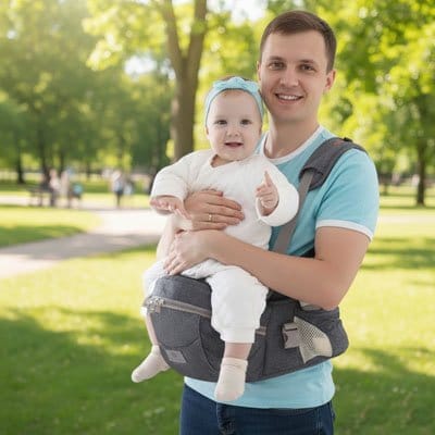 Papa avec bébé sur porte-bébé hanche au parc