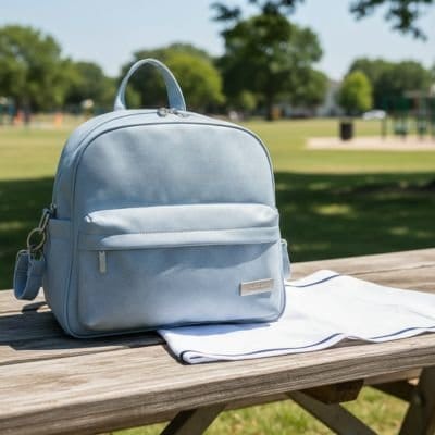Sac a langer a dos bleu sur table pic nic