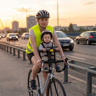 Maman à vélo avec bébé dans PORTE BEBE VELO Confort Sécurisé