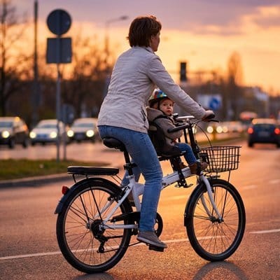 Maman à vélo avec bébé dans PORTE BEBE VELO Protection Confort+