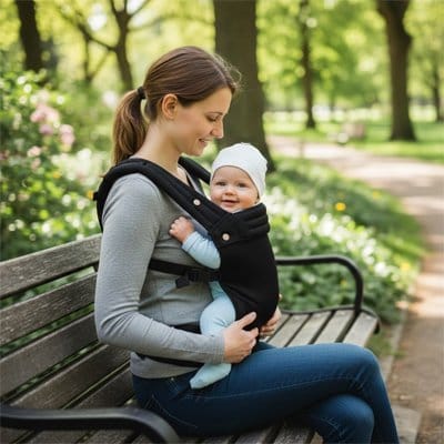 Maman assise sur un banc de parc avec bébé face contre elle dans PORTE BEBE PHYSIOLOGIQUE Confort+