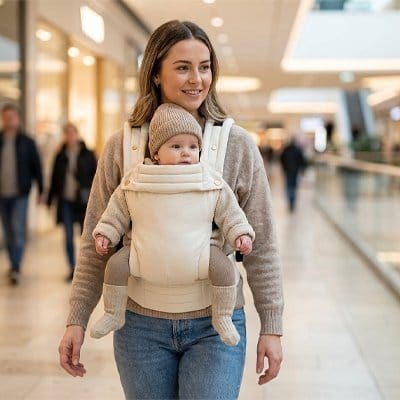 Maman au centre d'achat avec bébé dans Porte Bébé Ergonomique Portélia