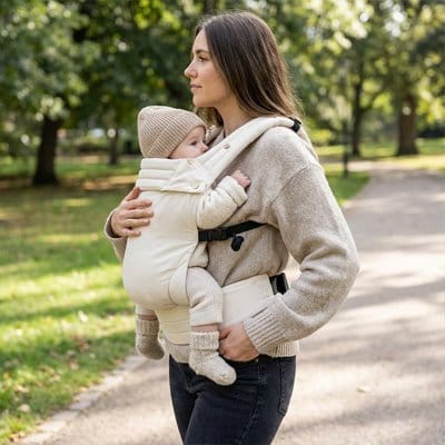 Maman dans le parc avec bébé dans Porte Bébé Ergonomique Portélia