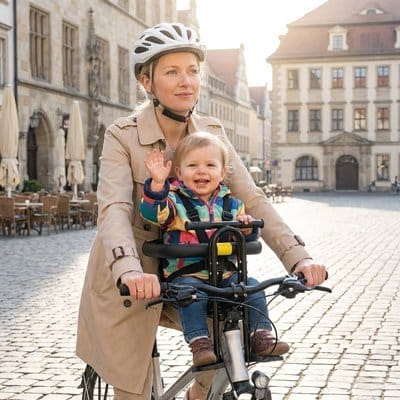 Maman à vélo avec bébé dans PORTE BEBE VELO Confort Sécurisé