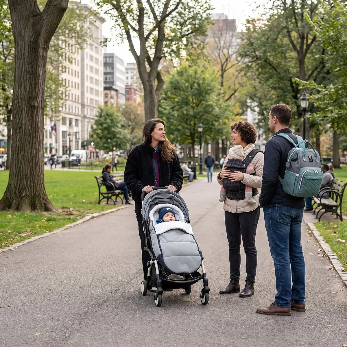 Maman et Bébé dans Chancelière poussette Autre Maman avec porte bébé Papa avec Sac à dos à langer