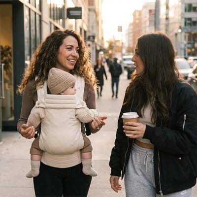 Maman marchant avec une amie et bébé dans Porte Bébé Ergonomique Portélia