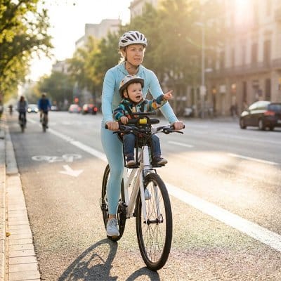 Maman roulant à vélo avec bébé dans PORTE BEBE VELO Confort Sécurisé