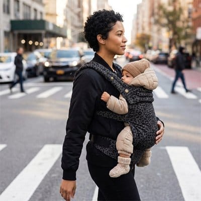 Maman traversant la rue avec bébé dans Porte Bébé Ergonomique Portélia