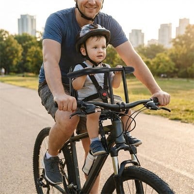 Papa à vélo avec bébé dans PORTE BEBE VELO Protection Confort+