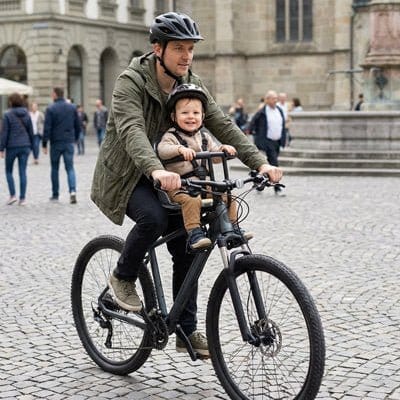 Papa en ville à vélo avec bébé dans PORTE BEBE VELO Protection Confort+