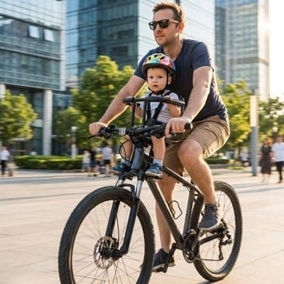 Papa en ville à vélo avec bébé dans PORTE BEBE VELO Protection Confort+