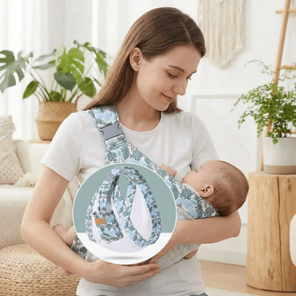 Echarpe de portage vert pâle utilisée par une maman pour porter son bébé, avec un encart montrant l’écharpe en détail