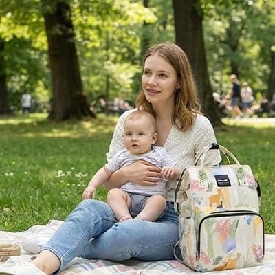 Maman-bébé au parc avec Sac à dos à langer Multi Compartiments