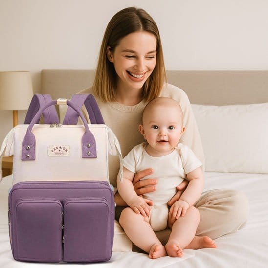 Maman-bébé avec Sac à dos à langer blanc-violet