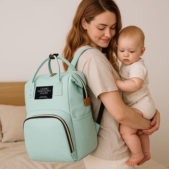 Maman-bébé avec Sac à dos à langer vert-menthe