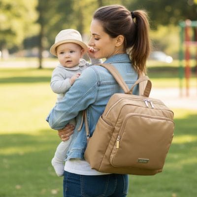 Maman au parc avec bébé dans les bras et Sac à dos à langer marron sur les épaules