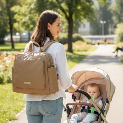 Maman au parc avec bébé dans poussette et Sac à dos à langer marron sur les épaules