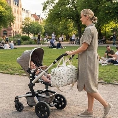 Maman au parc avec bébé dans poussette et Sac a langer sur les poignées