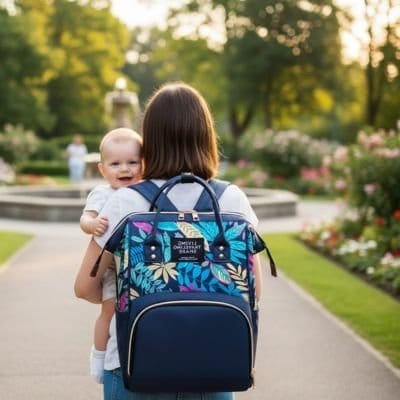 Maman au parc avec Sac à dos à langer fleuri bleu sur les épaules et bébé dans les bras