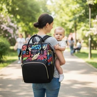 Maman au parc avec Sac à dos à langer fleuri noir sur les épaules et bébé dans les bras