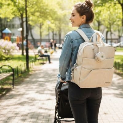 Maman au parc avec Sac à langer à dos beige sur épaules et bébé dans poussette
