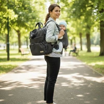 Maman au parc avec Sac à langer à dos noir sur épaules et bébé dans porte bébé