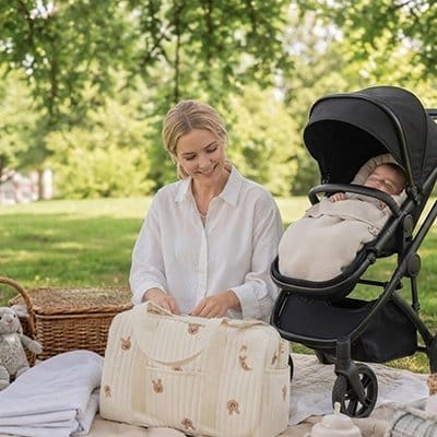 Maman au parc et bébé dans poussette avec sac à langer beige avec motifs lapin