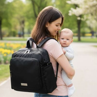 Maman avec bébé dans les bras et Sac à dos à langer noir sur les épaules