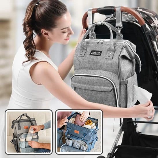 Maman avec Sac a dos a langer gris sur poussette et images rangement