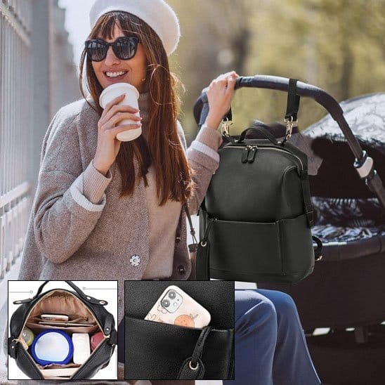 Maman avec Sac à dos à langer noir sur poussette et images de fonctionalités