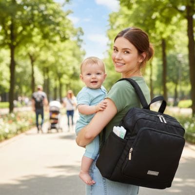 Maman en sentier avec bébé dans les bras et Sac à dos à langer noir sur les épaules