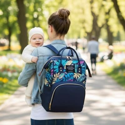 Maman en sentier avec Sac à dos à langer fleuri bleu sur les épaules et bébé dans les bras