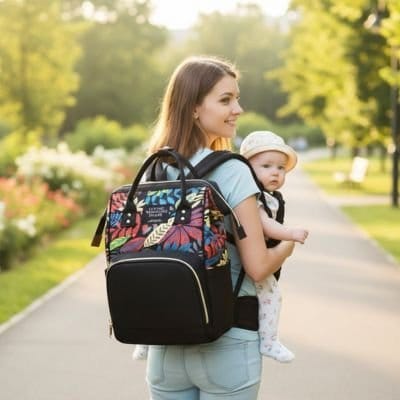 Maman en sentier avec Sac à dos à langer fleuri noir sur les épaules et bébé dans les bras