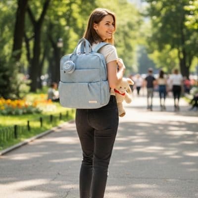 Maman en sentier avec Sac à langer à dos bleu sur les épaules et doudou à la main