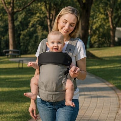 Maman et bébé au parc avec Porte bébé physiologique gris
