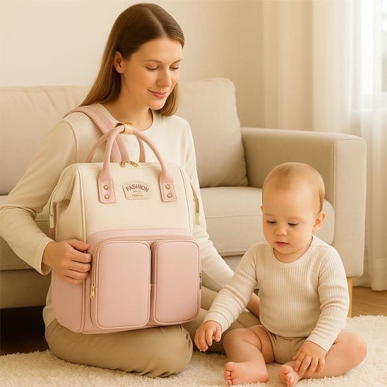 Maman et bébé avec Sac à dos à langer blanc-rose