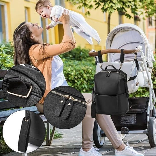 Maman et bébé avec Sac à dos à langer noir sur poussette et images de fonctionalités