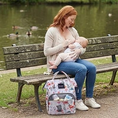 Maman sur un banc allaitant bébé et Sac à dos à langer Multi Compartiments