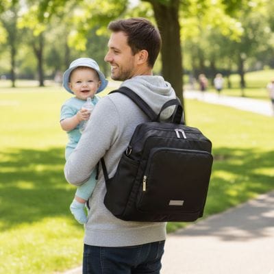 Papa au parc avec bébé dans les bras et Sac à dos à langer noir sur les épaules