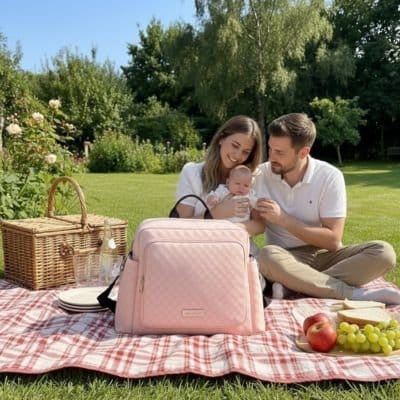 Parents et bébé en pic-nic avec Sac à dos à langer rose pastel