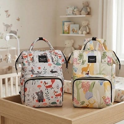 Présentation de deux Sac à dos à langer Multi Compartiments avec motifs pour enfant
