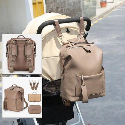 Sac à dos à langer camel sur poussette et images de fonctionalités