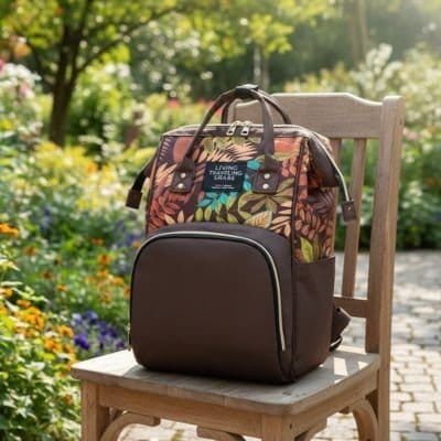 Sac à dos à langer fleuri et brun sur une chaise au parc