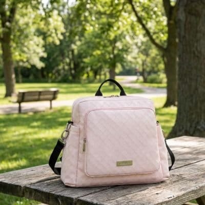Sac à dos à langer rose pastel sur table de pic-nic