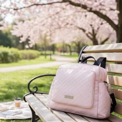 Sac à dos à langer rose pastel sur un banc de parc