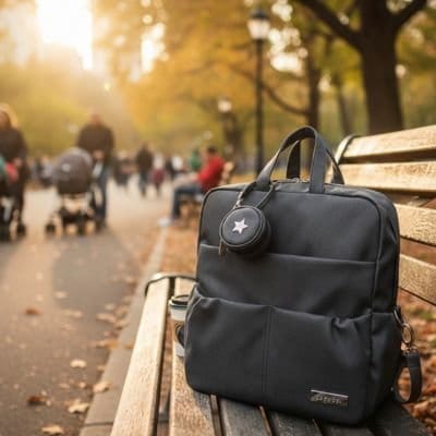 Sac à langer à dos noir sur banc de parc